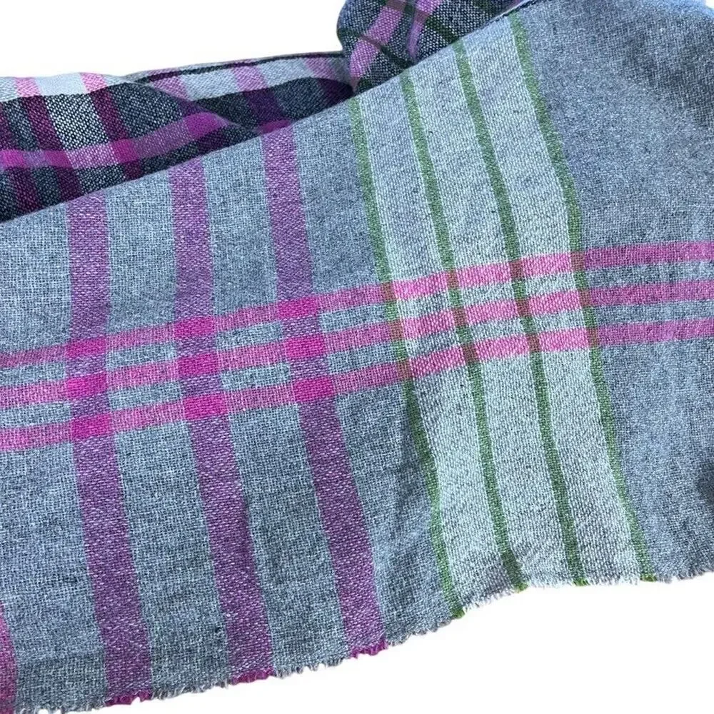 Talbots Womens Gray Pink Green Plaid Wool Fringe Scarf Wrap Warm Winter 54x58